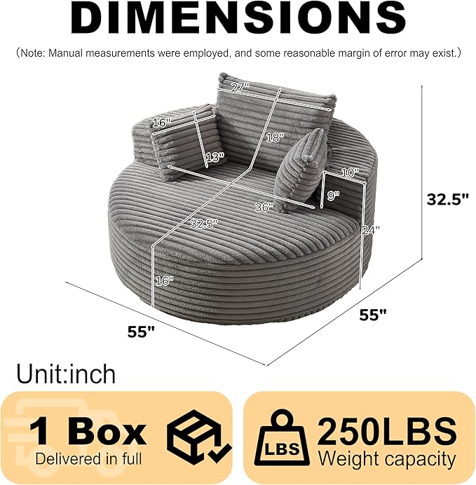 55 Grey Oversized Round Boneless Couch Sofa Corduroy Memory Foam Cloud Couches Lounge Chair Comfy Fluffy Single Sofa with 3 Pillows for Living Room Bedroom No Assembly Required (Grey)