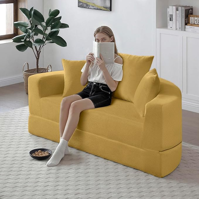 Yellow Boneless Loveseat Couch - 67 Circular Convertible Sofa Bed No Assembly Corduroy Folding Floor Futon with Pillows for Small Spaces (Yellow)