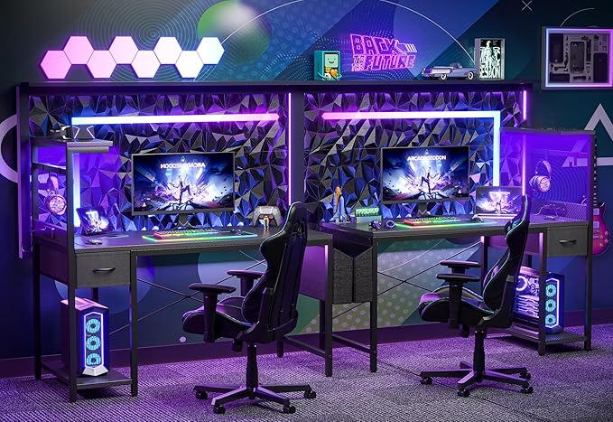 TIQLAB Gaming Desk 47 inch with Power Outlet and LED Light Computer Desk with Reversible Shelves and Storage Drawer Small PC Desk for Home Office Table with Bag Carbon Fiber Black
