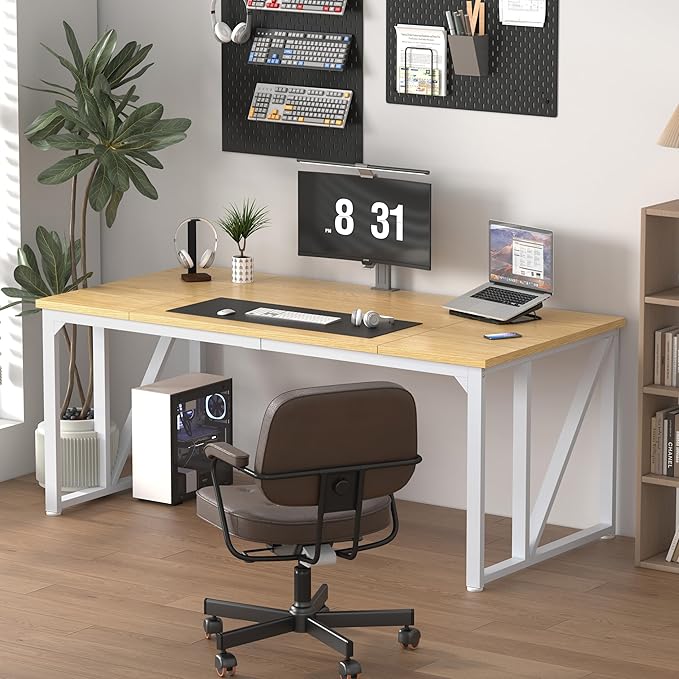 79 Inch Two Person Desk with Drawers Extra Long Desk with Storage Shelves Double Home Office Desk with Hooks 2 Person Writing Study Table Workstation for Home Office (70.9'' Natural1)