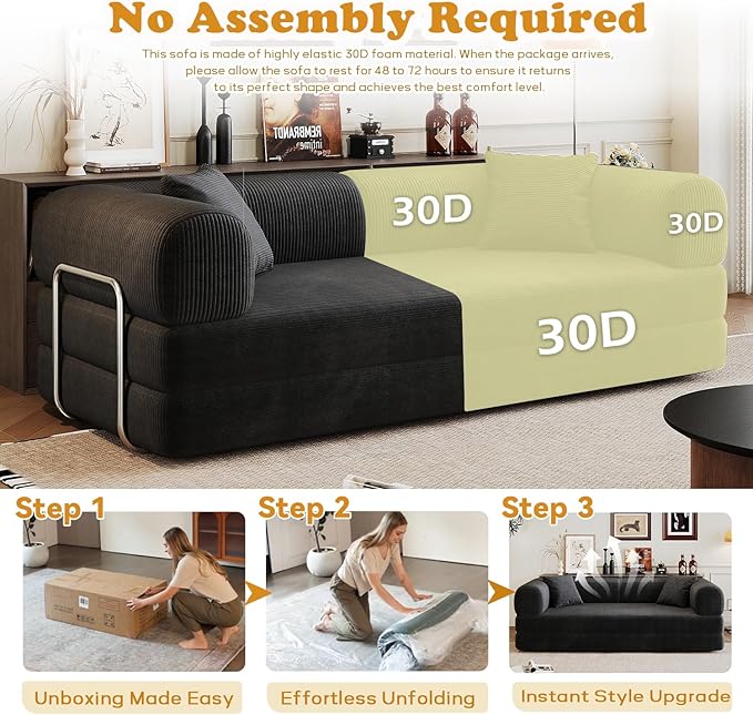 4-in-1 Corduroy Convertible Sleeper Sofa Bed 78.8 Boneless Couch with Pull-Out Bed No Assembly Required Futon Loveseat Floor Mattress with Stainless Fixed-Shape Frame for Living Room (Black) | Clo