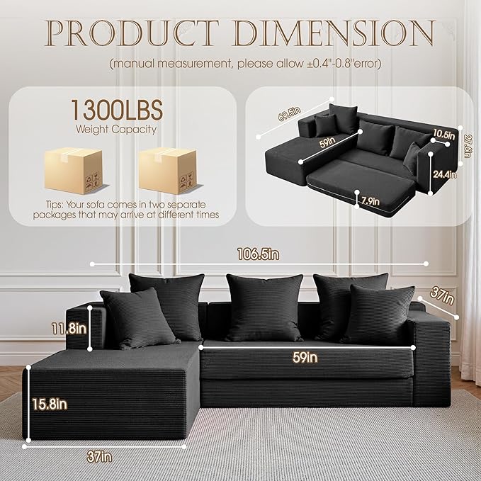 YINIX 106 Modular Sectional Sofa Modern Cloud Couch with L-Shape Chaise Upholstered Boneless Couches with Deep Seat Comfy Corduroy Sofa for Living Room Bedroom No Assembly (Black)