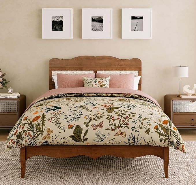 Sophia &amp William Rattan Bed Frame Full Size Wood Bed Frame with Adjustable Headboard Solid Wood Slats Support Brown