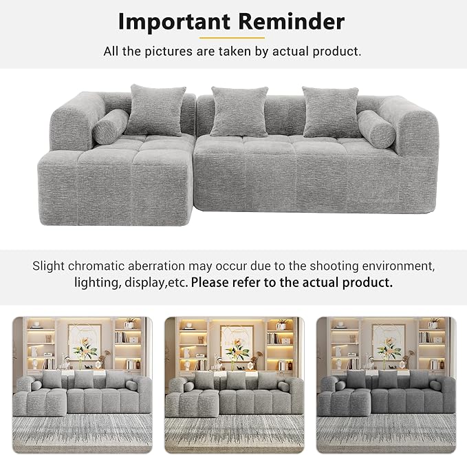 101.2 Sectional Sofa Full-Compressed Modular Couch Free-Combined Sofa with Deep Seating and Two Side Pockets for Living Room Light Grey