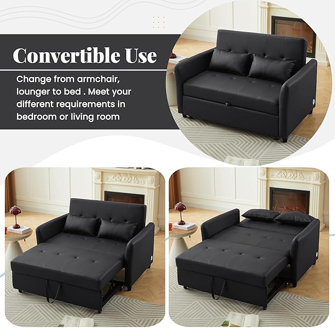 Black Convertible Sofa Bed 3-in-1 Sleeper Sofa with Pull-Out Bed PU Leather Futon Couch with Adjustable Backrest USB Port for Living Room Bedroom Apartment RV (Black)