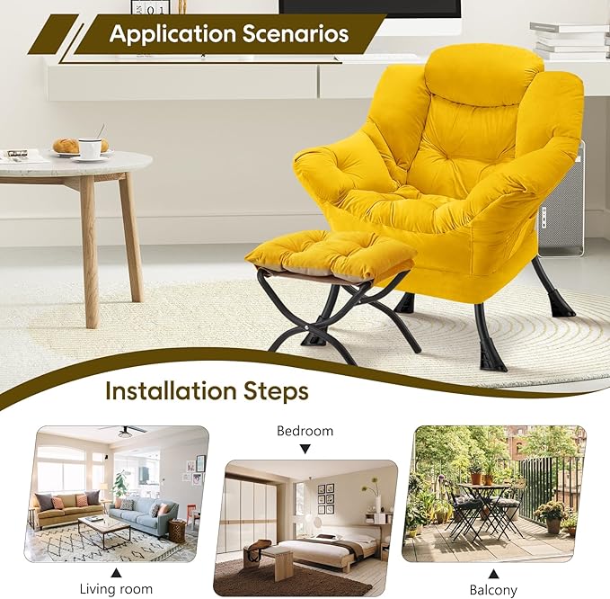 Lazy Chair with Folding Ottoman Modern Large Accent ChairContemporary Lounge Leisure Sofa Chair with Armrests Upholstered Sofa Armchair Reading Chair for BedroomDorm &amp Office (Yellow-f)