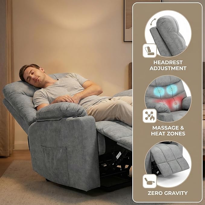 Electric Power Lift Recliner Chair for Elderly Lift Recliner Chair with Massage and Lumbar Heat 150° Reclining Chair with Cup Holders Side Pockets and Remote Control Ideal for Living Room (Grey)