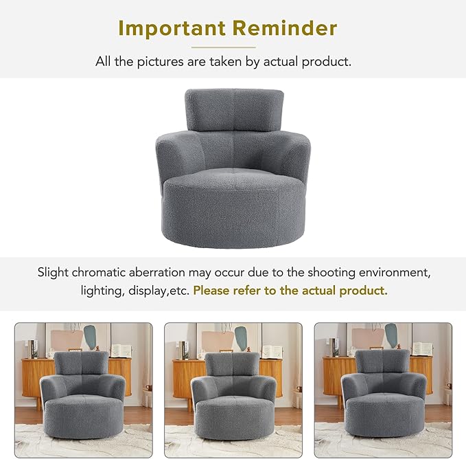 Swivel Accent ChairBedroom Barrel Chairs with Seat CushionModern 360° Soft Berber Fleece Fabric Circle Chair with Adjustable Headrest for Living Room (Grey)
