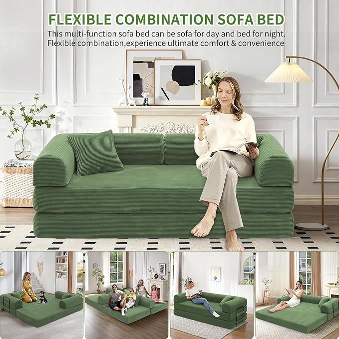 Convertible Sleeper Sofa Bed 1600lbs Weight Capacity Floor Sofa Bed with Fixed-Shape Frame Corduroy Foldable Couch for Small Space Lounge Mattress for Living Room Apartment Game Room (Dark Green)