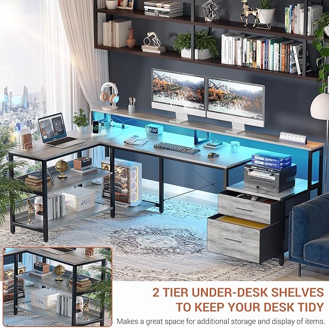 Aheaplus L Shaped Desk with File Drawer 72.8 Reversible L Shaped Computer Desk with Power Outlet &amp LED Strip Gaming Desk with Monitor Stand Office Desk Corner Desk with Storage Shelf White Oa