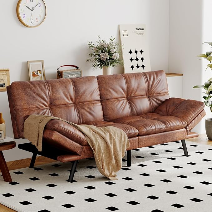 Opoiar Convertible Futon Sofa Bed Brown Faux Leather Futon Couch with Adjustable Backrest &amp Armrests Folding Small Recliner Sleeper Sofa Bed for Living Room Apartment Office