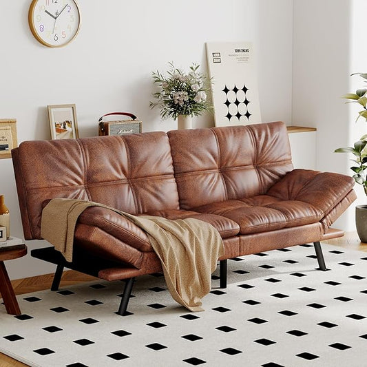 Opoiar Convertible Futon Sofa Bed Brown Faux Leather Futon Couch with Adjustable Backrest &amp Armrests Folding Small Recliner Sleeper Sofa Bed for Living Room Apartment Office