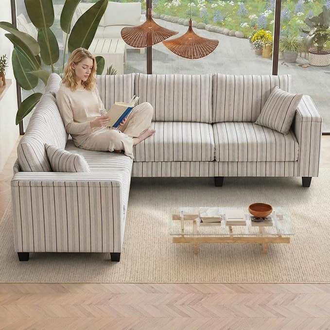 97 5 Seater L Shaped Couch Corner Sofa Oversized Cloud Couch with 2 Pillows Modular Sectional Sofa Armrests with Two Hidden Storage Space Sectional Couches for Living Room Blue Stripe
