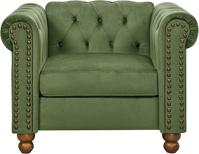 KEIKI 32 Chesterfield Velvet Tufted Button Sofa Chair with Square Arms and Cushion Back Classic 1-Seater Couch with Solid Wood Legs Easy Assembly for Living Room Bedroom Apartment Green