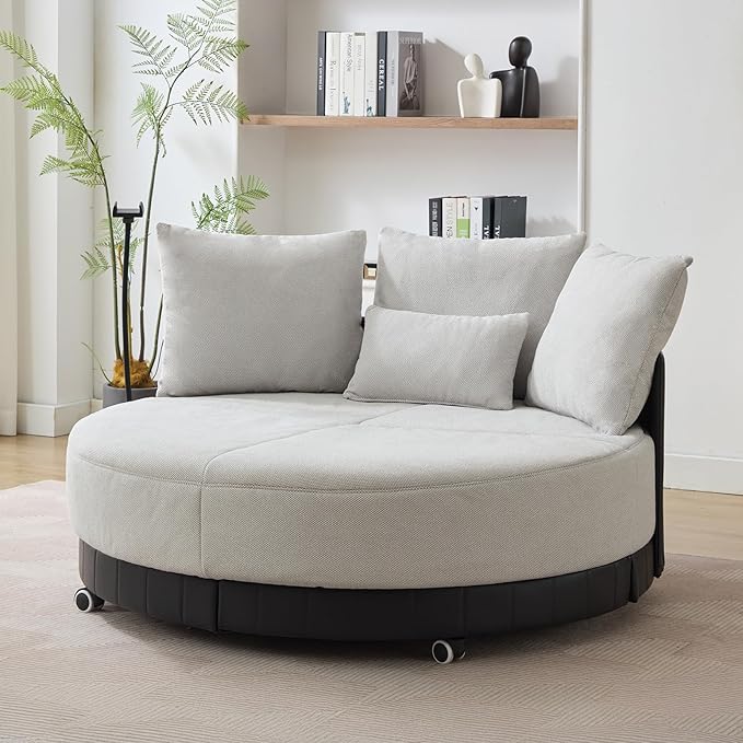 51W Oversized Swivel Accent ChairPolyester Upholstered Extra Large Swivel Barrel ChairRound Chair with WheelsRotating Phone Holderand 4 PillowsLounge Arm Chair for Living RoomBedroom(Grey)