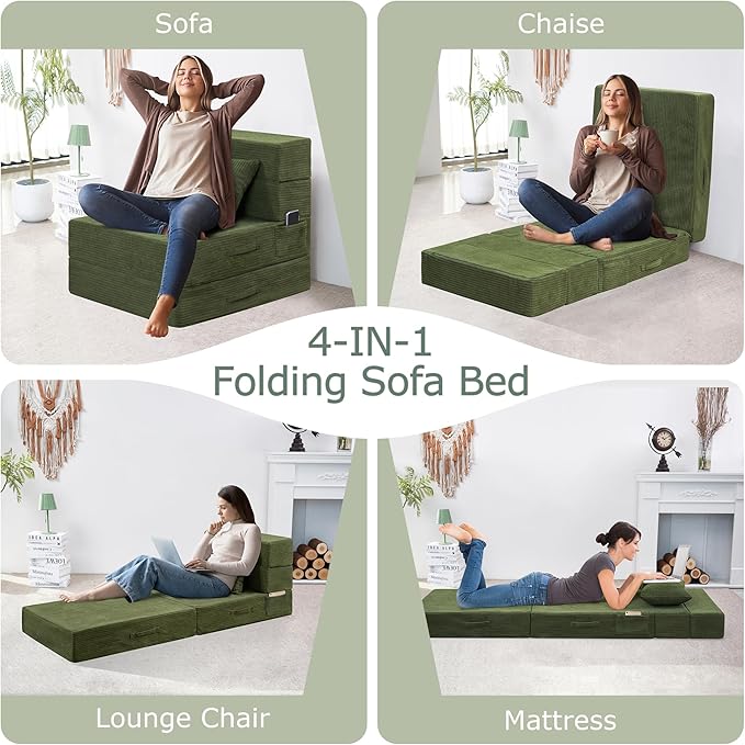 Folding Sofa Bed 4 in 1 Convertible Sleeper Chair with Pillow Single Memory Foam Fold Out Chair Bed Modern Floor Futon Sofa Couch Mattress for Living Room/Guest/Apartment Green | Convertible Comp