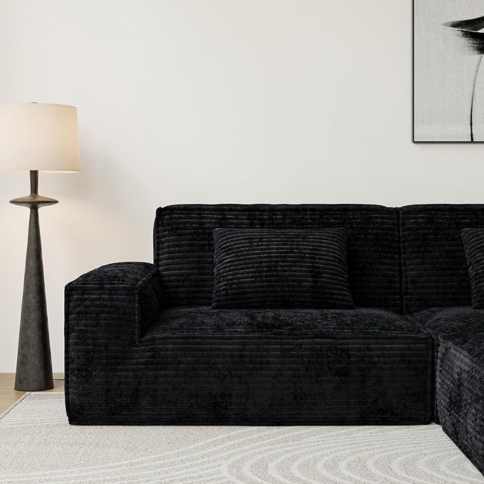 106 Cloud Sectional Couch with Deep Seat No Assembly Required Modern Upholstered Boneless Couches with 2 Pillows Full Sponge Compressed Sofa for Living Room/Apartment (Black)
