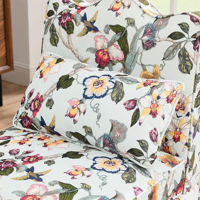 Polibi Retro Single Chair with Flower Pattern and Wave-Shape Edge Flannel Upholstered Armless Sofa Chair with Seat Cushion and Pillow for Living Room Bedroom Red+Yellow Flower