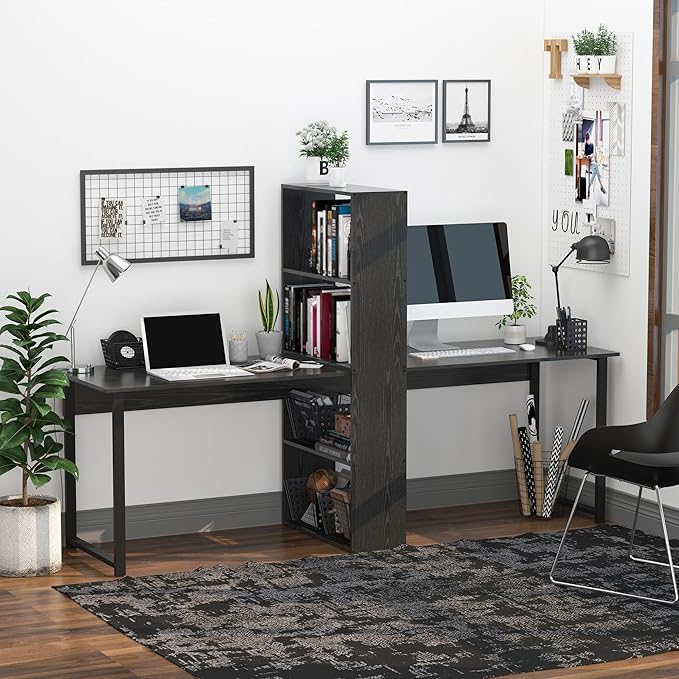 HOMCOM 88 Extra Long 2-Person Computer Desk with Storage Shelves Combo Double Workstation Storage Study Writing Table for Home Office Bookshelf Black
