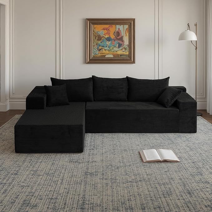 103 L Shaped Sectional Boneless Couch for Living Room Modern Modular Cloud Sofa with Left Facing Chaise Comfy Deep Seat Memory Foam Couch in Box No Assembly (1CM Wide Striped Corduroy Black)