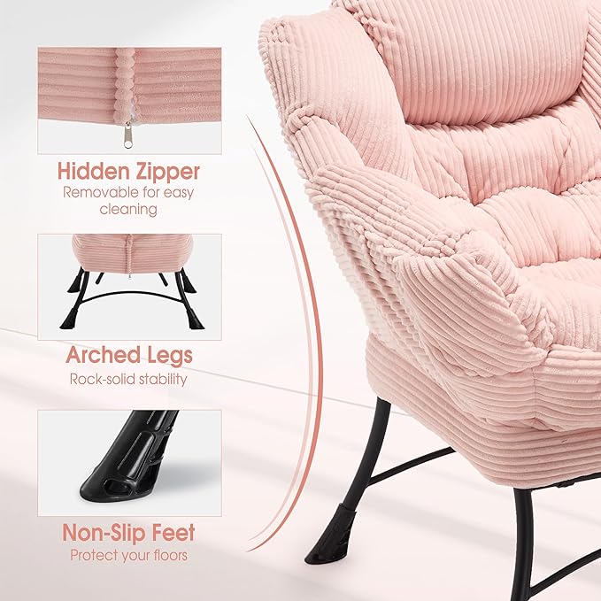 Lazy Chair with Ottoman Comfy Lounge Chair for Reading Relaxing and Napping Perfect for Living Room Bedroom or Office Pink