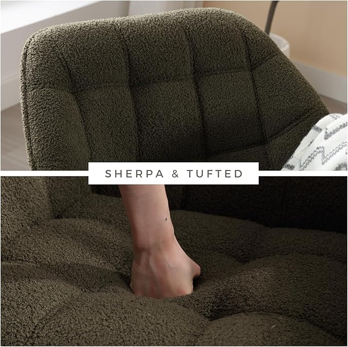 Modern Sherpa Accent Chair with Ottoman Fluffy Upholstered Lounge Chair with Footrest Comfy Living Room Side Boucle Armchair for Small Space Bedroom Apartment Green