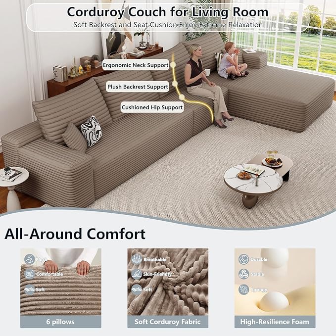 135.5 Cloud Sectional Couch with L-Shape Chaise Corduroy Boneless Couch for Living Room Modern Memory Foam Sofa with Deep SeatNo Assembly Required(BlackRight Facing Chaise)