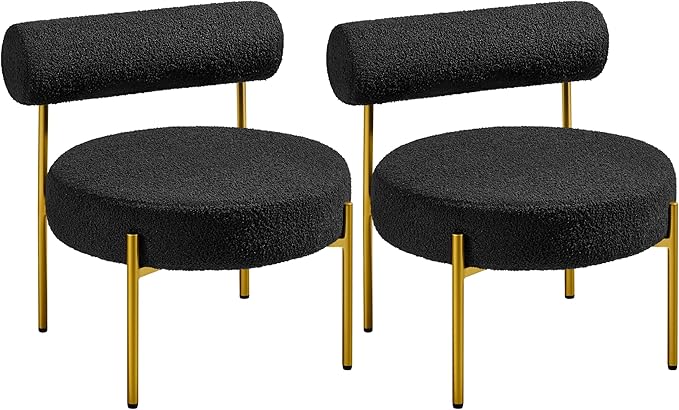 Yaheetech Boucle Vanity Chair Modern Tufted Accent Chair Cozy Sherpa Barrel Chair with Gold Legs Club Chair for Living Room Bedroom Makeup Room Home Office Black 2pcs