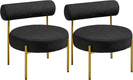 Yaheetech Boucle Vanity Chair Modern Tufted Accent Chair Cozy Sherpa Barrel Chair with Gold Legs Club Chair for Living Room Bedroom Makeup Room Home Office Black 2pcs