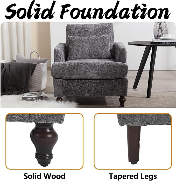 Oversized Accent Chair with Lumbar Pillow Upholstered Side Chairs for Living Room Bedroom Comfy Reading Chairs for Adults with Wide Seat Thick Cushion Soft Chenille (Grey)