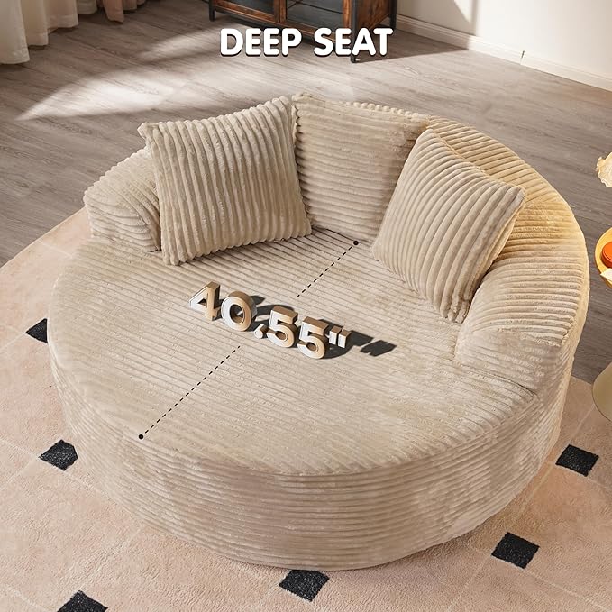 ovios 58 Oversized Round Chair Lounge Chaise Indoor No Assembly Required Cloud Large Circle Chair with Plush Fuax Fur Fluffy Modern Sleeper Sofa Bed for Reading Yoga Beige (Plush Corduroy Fabric)