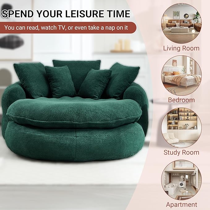 71 Oversized Round Chair Giant Bean Bag Couch Chairs for Adults Fluffy Chenille Boneless Couch Circle Bed with 5 Pillows Extra Deep Seat for Living Room Lounge No Assembly Required (Emerald)