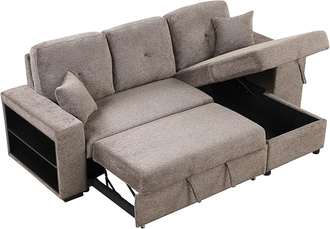 LUMISOL Reversible L-Shape Sectional Sofa with Side Shelf and 2 Stools Pull-Out Sleeper Sofa Bed with Storage Chaise Left/Right Hande for Living Room Apartment Knox Charcoal