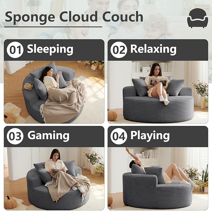 55''L Oversized Round Chaise Longue Chair Indoor Corduroy Sponge Single Sofa Oversized Round Chairs Modern Sleeper Chair for Living RoomProjection Room Wide Armrest Chairs Light Grey