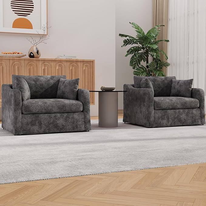 Mlmh &amp Kngwa 45.27 W Oversized Armchair Set of 2 Reading Corner Chairs with 3 Pillows Upholstered Chenille Sofa Large Comfy Deep Seat Chair for Living Room Apartment Charcoal