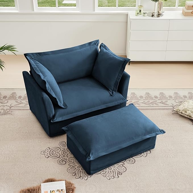 Aoowow Oversized Modular Sectional Sofa Chair with Movable Ottoman 49” Chenille Single Armchair Comfy Deep Seat Couch Sofa with Big Toss Pillows for Living Room Apartment Office(Blue-Chenille)