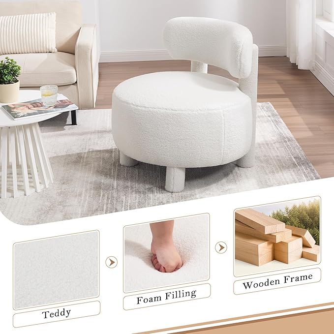 Accent Chair for Living Room Mid-Century Armchairs for Small Spaces Teddy Upholstered Comfy Reading Armchair with Studded for Bedroom (White-Teddy)