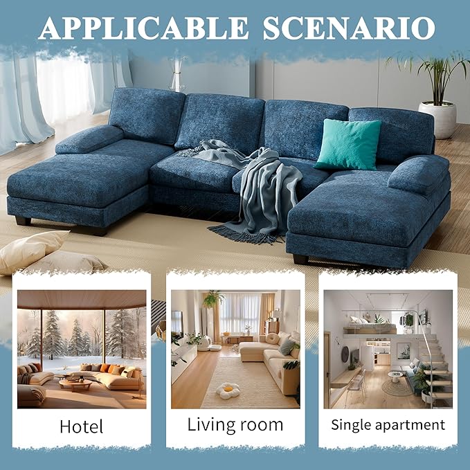 Furniwell Convertible Sectional Sofa Couch 4 Seat Sofa Set for Living Room U-Shaped Modern Fabric Modular Sofa Sleeper with Double Chaise &amp Memory Foam (Fabric Blue)