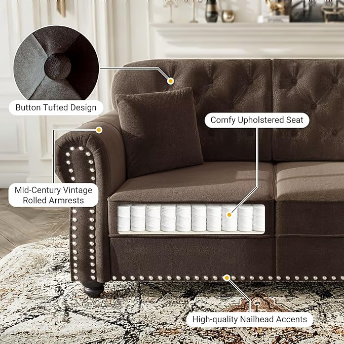63 Velvet Chesterfield Sofa with Rolled Arms &amp Nailhead Trim Tufted Mid-Century Modern Couch for Living Room Includes 2 Pillows Brown Upholstered Sectional Sofa with 2 Ottomans
