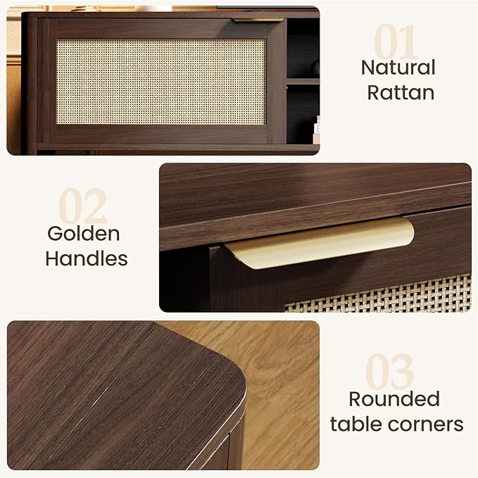 Rattan TV Stand for Living Room - Fits up to 80 Inch TVs Rattan Media Console Table with Adjustable Shelves &amp 2 Storage Cabinets Mid-Century Modern Entertainment Center Walnut 71