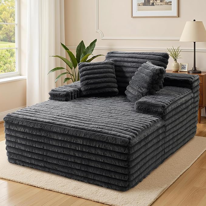 VanAcc 67 Chaise Lounge Sofa Faux Fur Sleeper Chaise with Armrests and Throw Pillows No-Assembly Couch for Living Room or Apartment Gray
