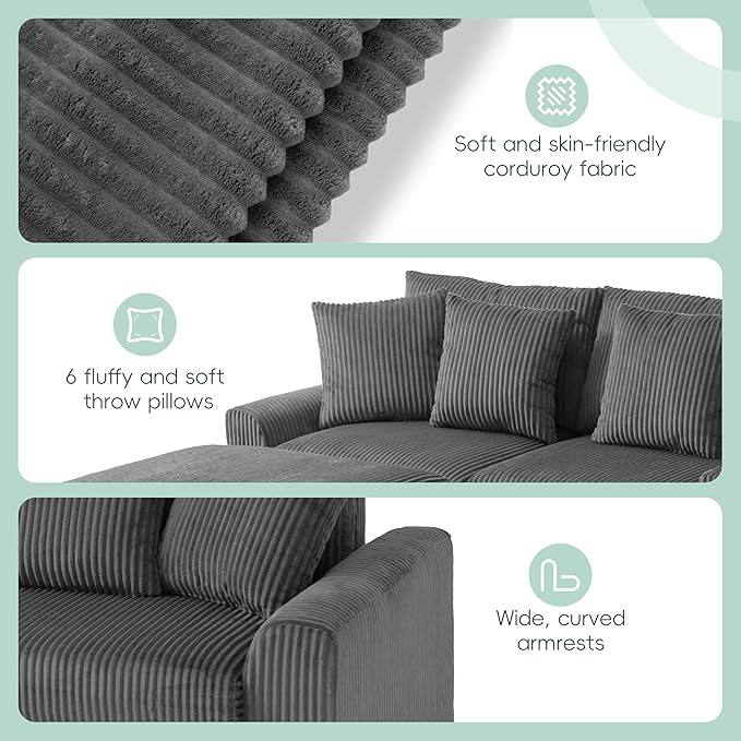 Sectional Sofa Corduroy Cloud Sofa with Bluetooth Speakers L-Shaped Couch with Console USB Charger Cup Holders Storage 6 Seats Deep and Wide Seat Couch for Living Room (Dark Grey)