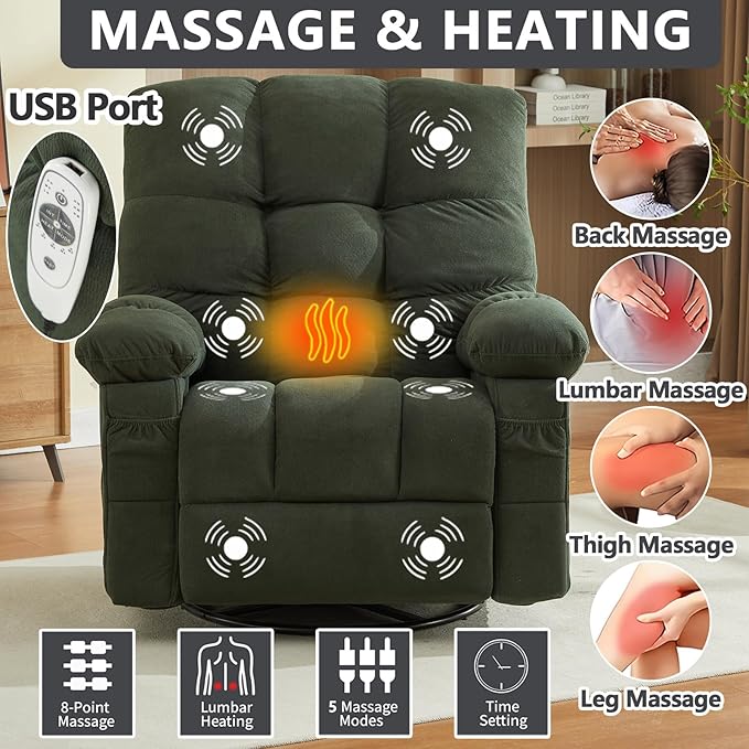 Oversized Recliner Chair &amp Massage Chair Recliner with HeatCozy Lazy Boy Recliners Chairs for Adults Rocker Recliners Chairs&ampManual Reclining with Adjustable BackrestPockets (Green)