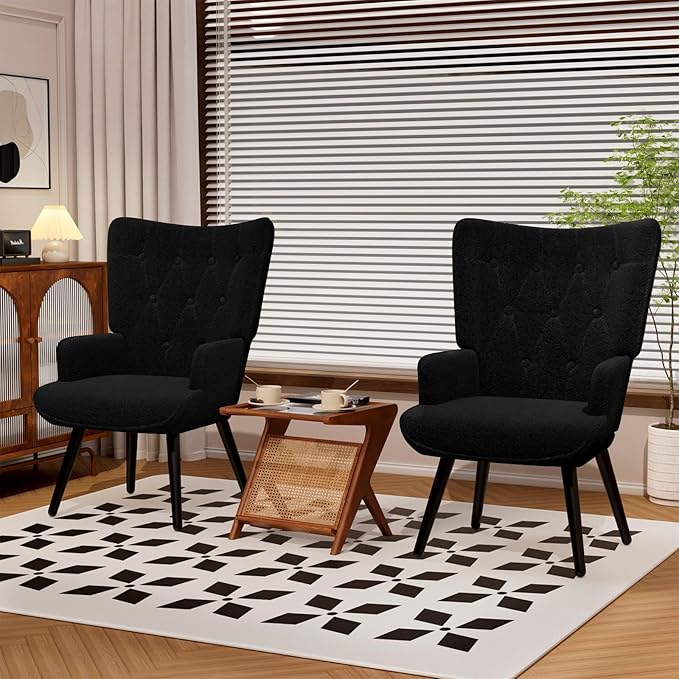 TLSUNNY Accent Chair Comfy Upholstered Armchair with Metal Legs High Backrest Living Room Chair Wingback Chair Mid Century Modern for Living Room/Vanity/Bedroom Teddy Fabric Black (2 pcs)