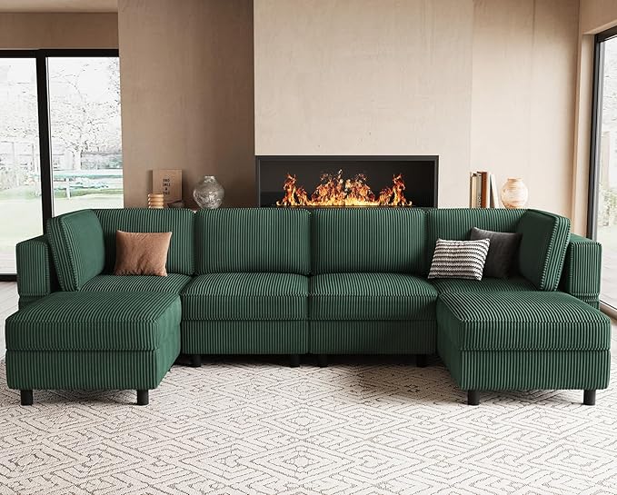 114.2 U-Shaped 6-Seater Convertible Sectional Sofa Corduroy Modular Sleeper with Deep Storage Seat &amp Movable Ottoman Green