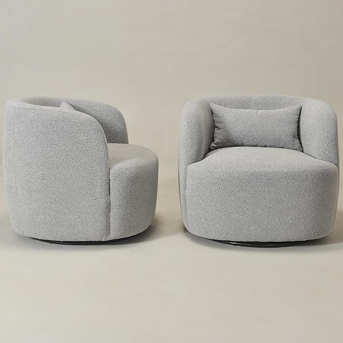 KINWELL 34 Wide Sherpa Swivel Barrel Chairs Set of 2 No Assembly Round Boucle Upholstered Accent Chairs Armchairs Single Sofa Chair with Toss Pillow for Living Room and Bedroom Gray