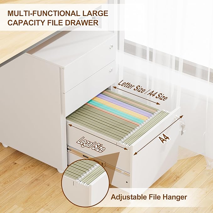 Mobile File Cabinet with 3 Locks 3 Drawer File Cabinets for Home Office Under Desk Metal Filing Cabinet for A4/Letter/Legal Lockable Fully Assembled Except castors White
