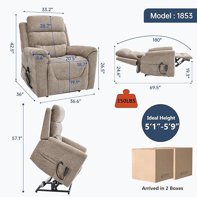 Power Lift Recliner Chair for Elderly People Dual Motor Lay Flat Recliner with Vibration Massage and Heat Heavy Duty Motion Mechanism Standing Assistance Reclining Chair Chenille Fabric Khaki