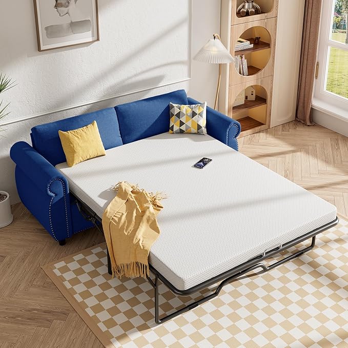 BALUS Pull Out Sofa Bed 2-in-1 Sleeper Sofas Convertible Couch Bed with Nailhead Armrests &amp Memory Foam Mattress Linen Pullout Sofa Beds with Thickened Cushions for Living Room Blue Full Size