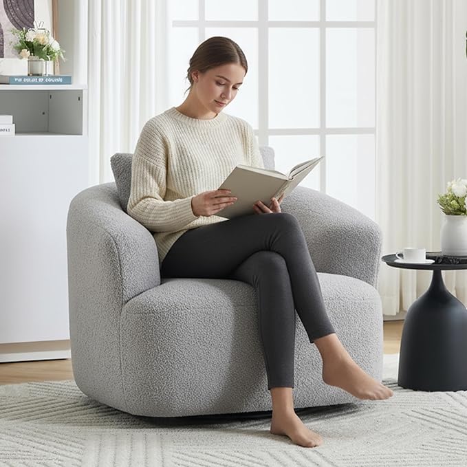 Swivel Accent Chair360° Rotating Barrel ChairTeddy Fleece High-Resilience Sponge Single Sofa Easy Assembly for Living Room Bedroom Apartment Light Grey